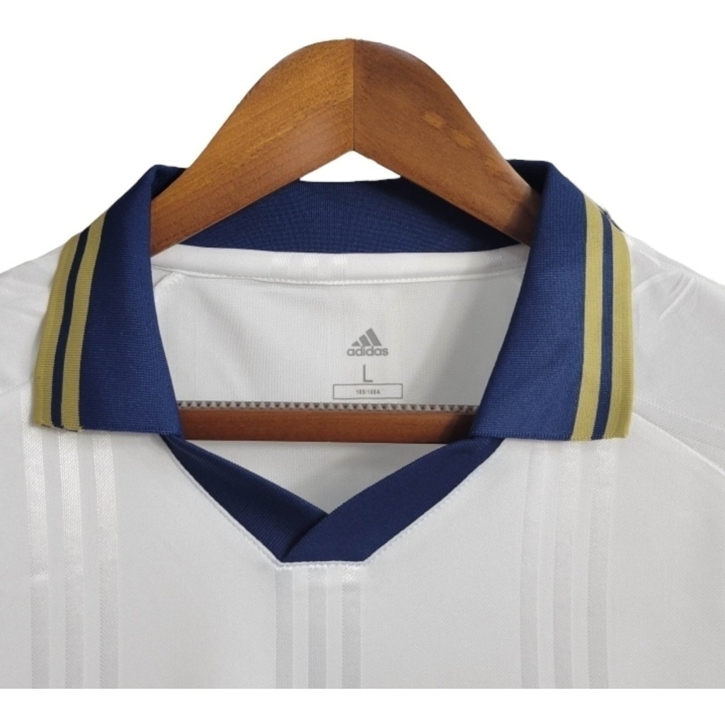 Camisa Real Madrid Treino 2019/2020 Manga Longa - Retrô Adidas - Branca com detalhes em azul e dourado