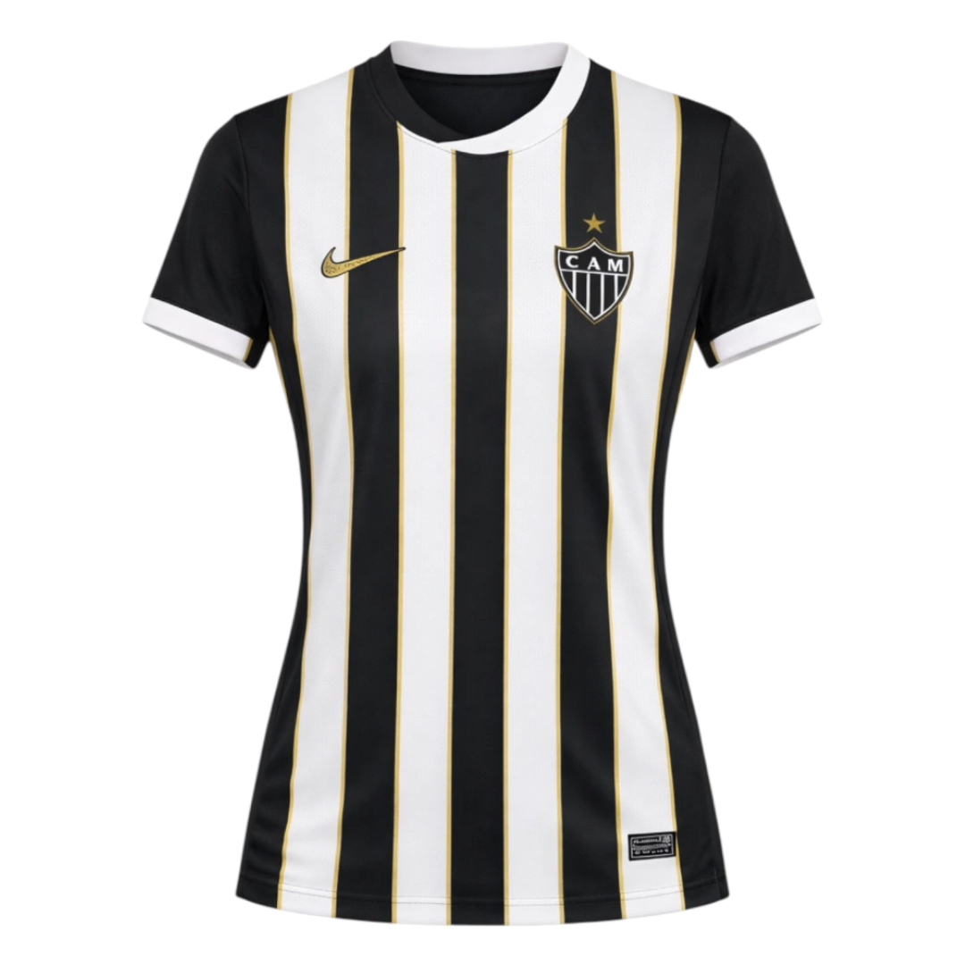Camisa Atlético Mineiro I 26/27 - Torcedor Nike Feminina - Preta com listras brancas e detalhes em dourado