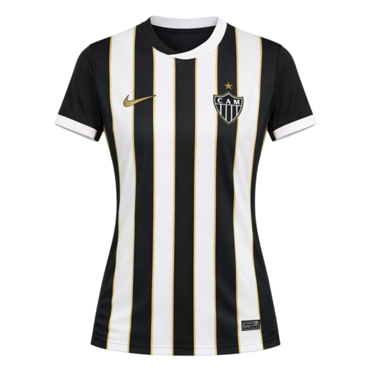Camisa Atlético Mineiro I 26/27 - Torcedor Nike Feminina - Preta com listras brancas e detalhes em dourado