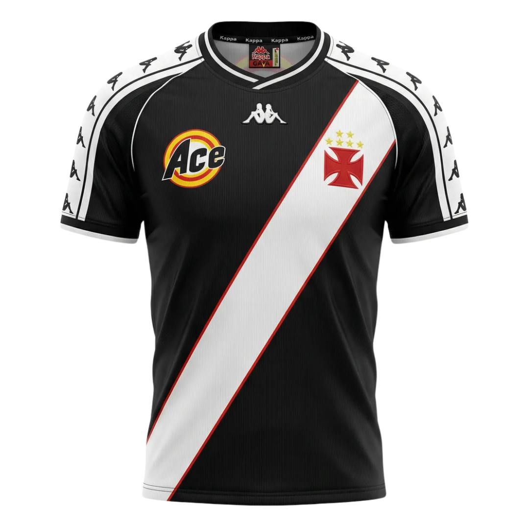 Camisa Vasco da Gama I Retrô 2000 - Retrô Kappa Masculino - Preta com faixa branca e detalhes em amarelo e vermelho