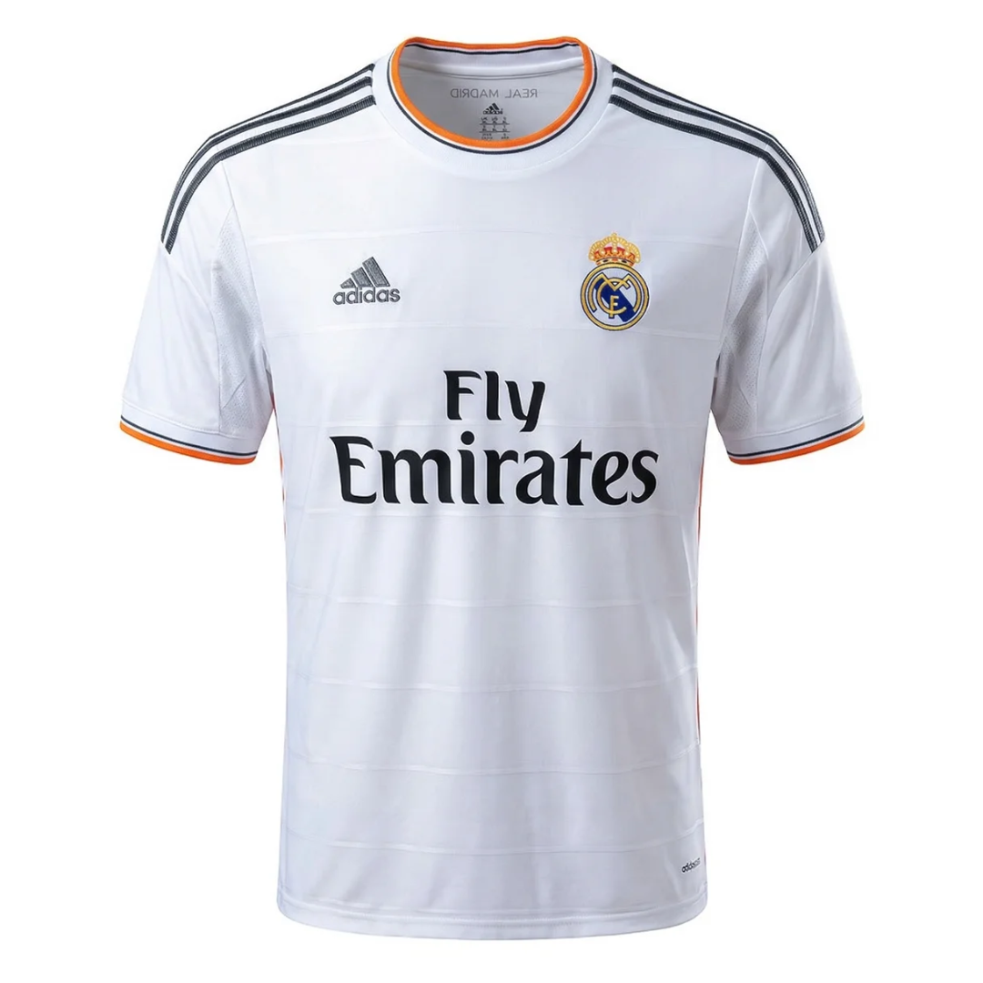 Camisa Real Madrid I 2013/2014 - Retrô Adidas - Branca com detalhes em laranja e cinza