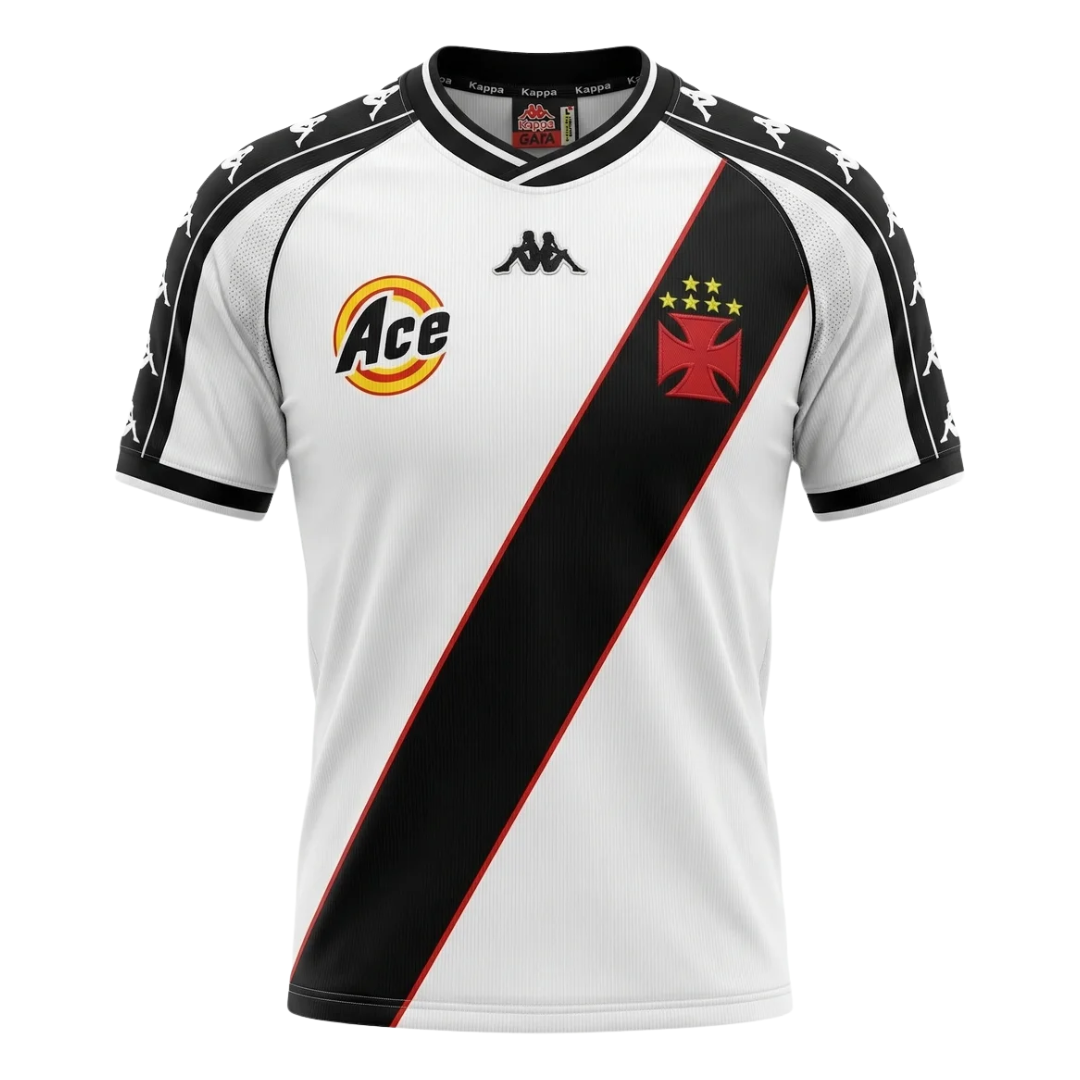 Camisa Vasco da Gama II Retrô 2000 - Retrô Kappa - Branca com a faixa em preto e detalhes em amarelo e vermelho