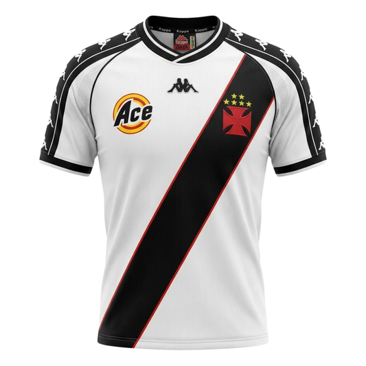 Camisa Vasco da Gama II Retrô 2000 - Retrô Kappa - Branca com a faixa em preto e detalhes em amarelo e vermelho