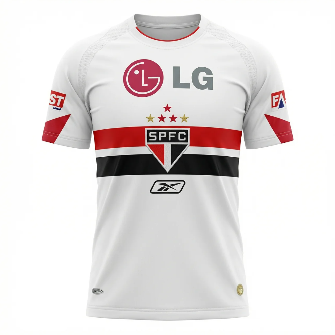 Camisa São Paulo I 2006 - Retrô Reebok - Branca com detalhes vermelho e preto