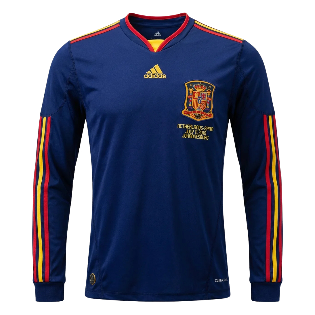 Camisa Seleção da Espanha II 2010 Manga Longa - Retrô Adidas - Azul com detalhes em amarelo e laranja