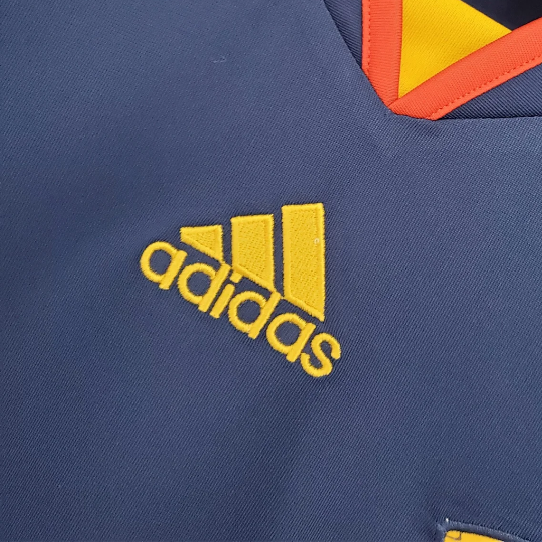 Camisa Seleção da Espanha II 2010 Manga Longa - Retrô Adidas - Azul com detalhes em amarelo e laranja