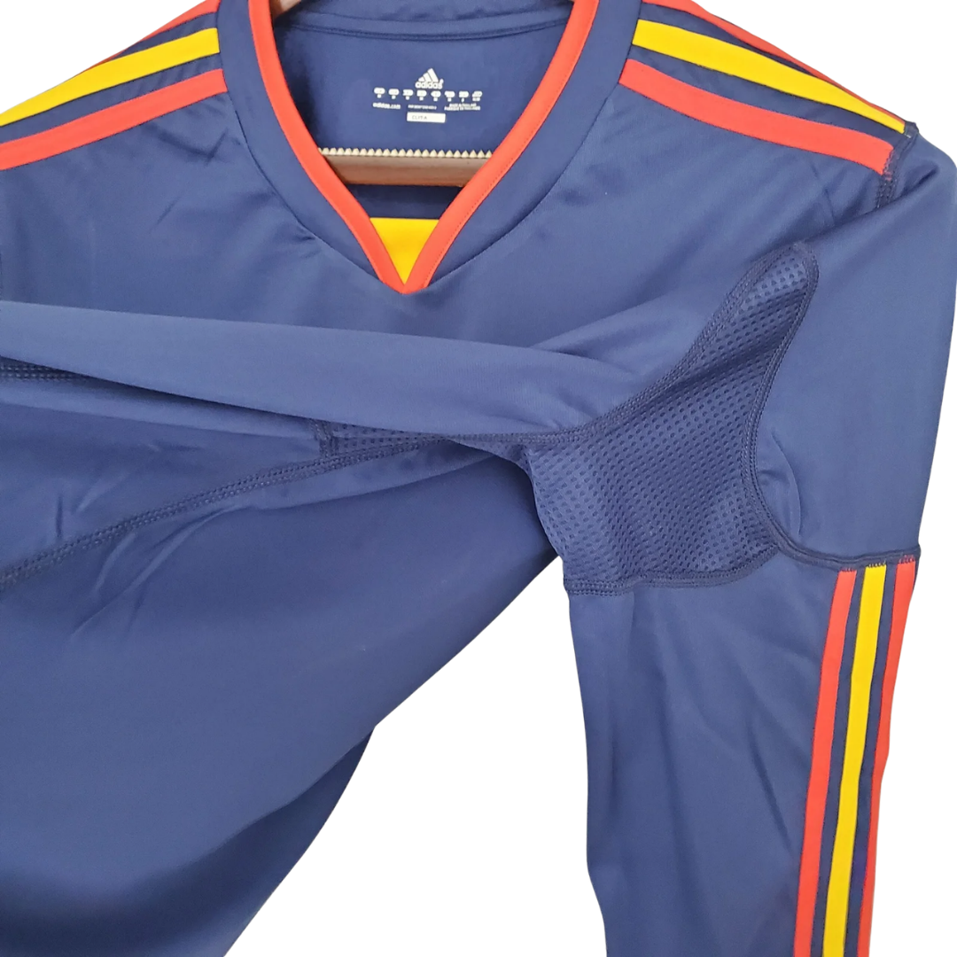 Camisa Seleção da Espanha II 2010 Manga Longa - Retrô Adidas - Azul com detalhes em amarelo e laranja
