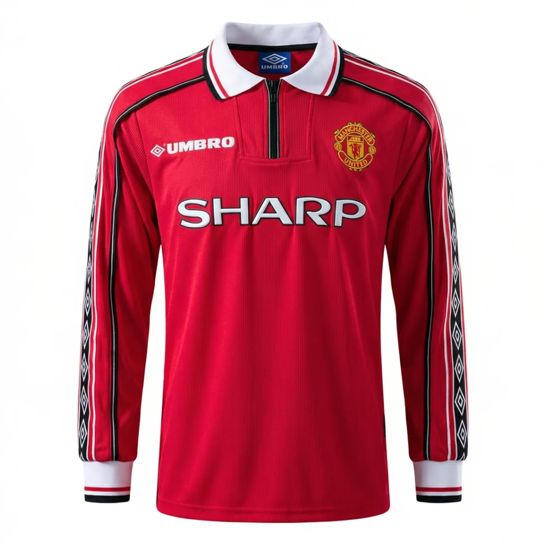 Camisa Manchester United I 1998/1999 Manga Longa - Retrô Umbro - Vermelha com detalhes em branco
