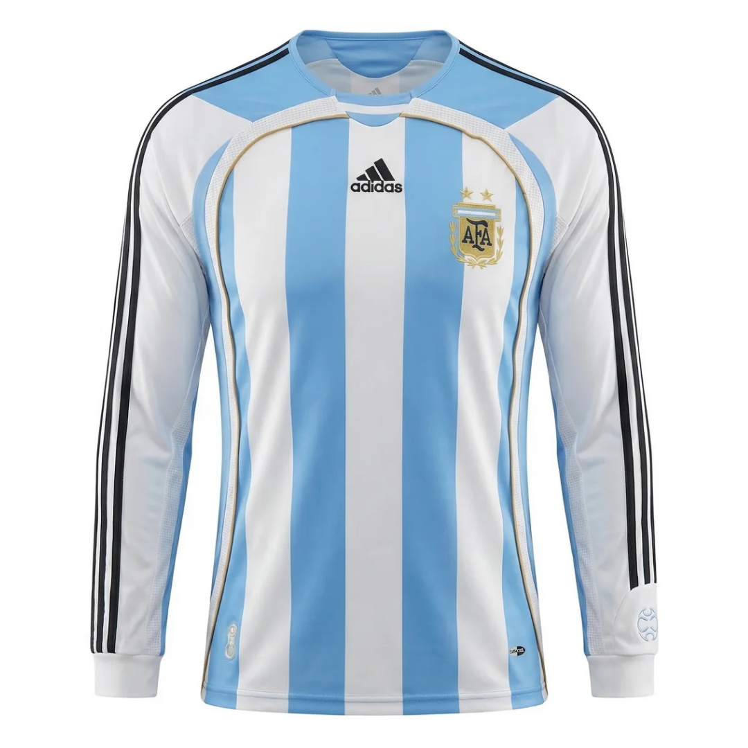 Camisa Seleção da Argentina I 2006 Manga Longa - Retrô Adidas - Azul e branco com detalhes em preto