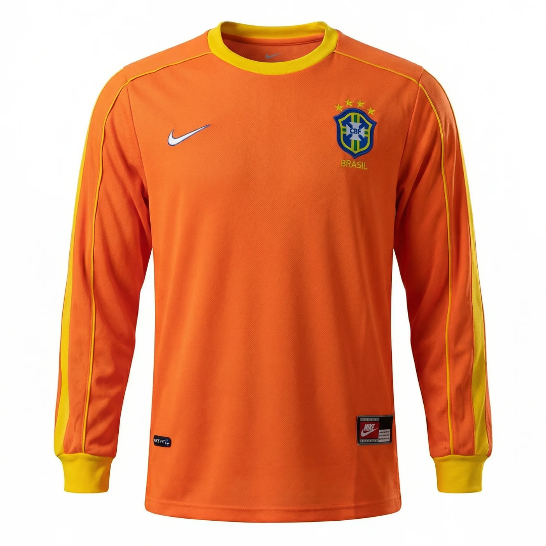 Camisa Seleção Brasileira Goleiro 1998 Manga Longa - Retrô Nike - Laranja com detalhes em amarelo