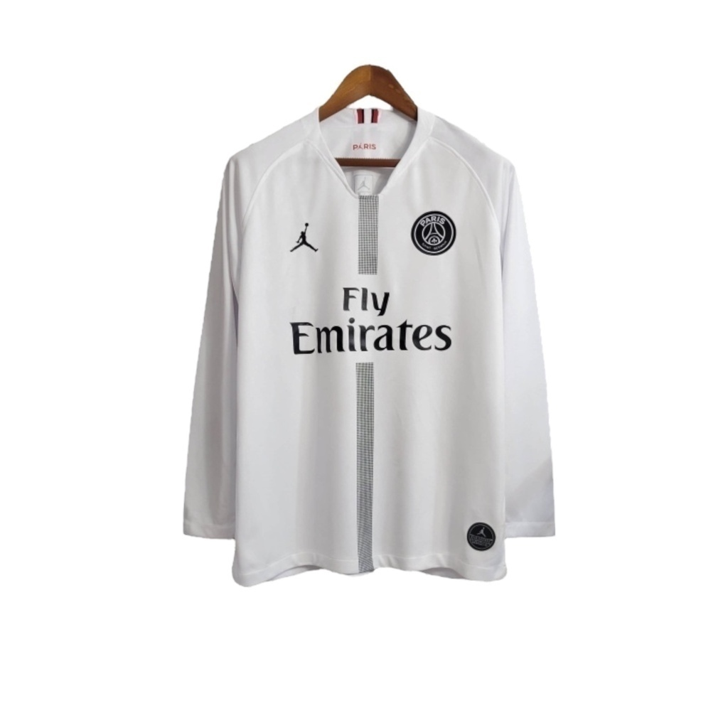 Camisa Paris Saint-Germain Edição Champions League 2018/2019 Manga Longa - Retrô Jordan - Branca com detalhes em branco e vermelho e preto