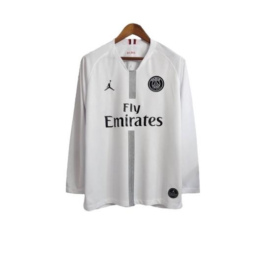 Camisa Paris Saint-Germain Edição Champions League 2018/2019 Manga Longa - Retrô Jordan - Branca com detalhes em branco e vermelho e preto