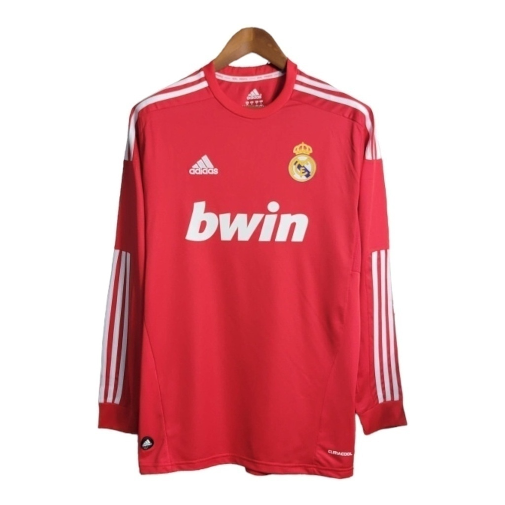 Camisa Real Madrid II 2011/2012 Manga Longa - Retrô Adidas - Vermelha com detalhes em branco