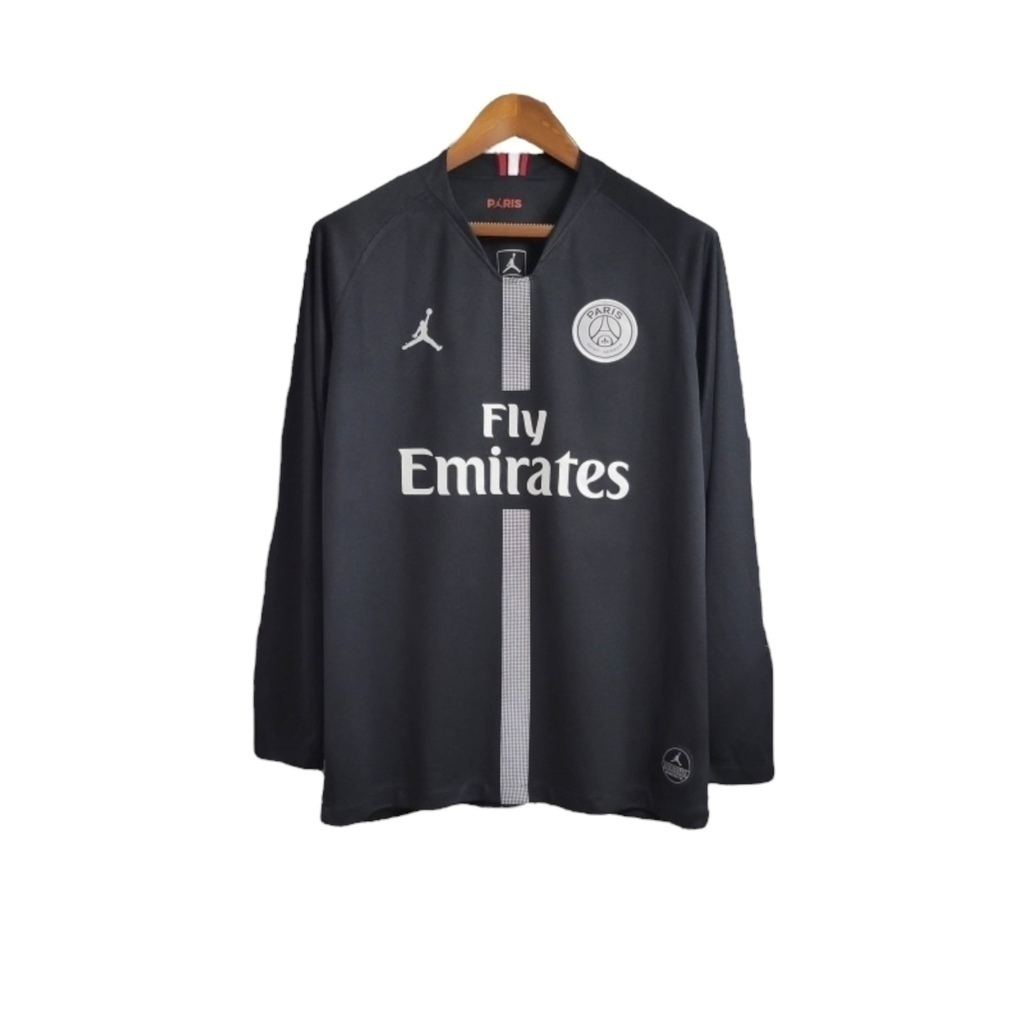 Camisa Paris Saint-Germain Edição Champions League 2018/2019 Manga Longa - Retrô Jordan - Preta com detalhes em branco e vermelho
