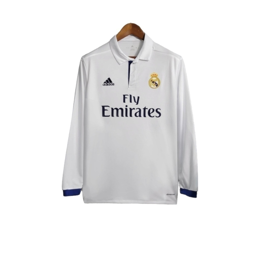 Camisa Real Madrid I 2016/2017 Manga Longa - Retrô Adidas - Branca com detalhes em azul