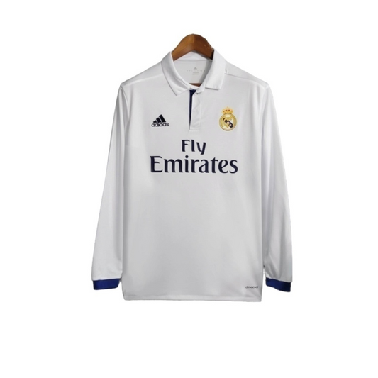 Camisa Real Madrid I 2016/2017 Manga Longa - Retrô Adidas - Branca com detalhes em azul