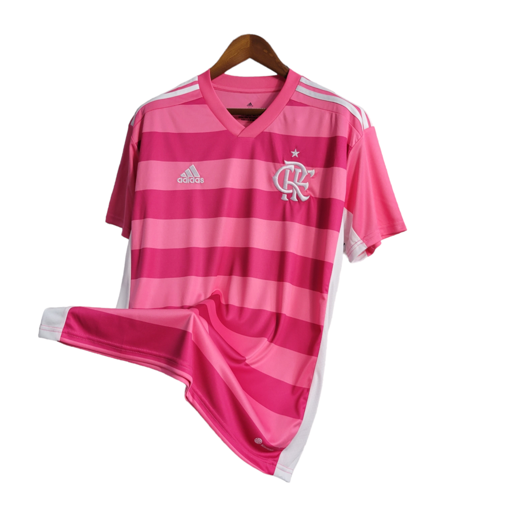 Camisa Flamengo Outubro Rosa 2022 - Retrô Adidas - Rosa em 2 tons e Símbolo em Branco