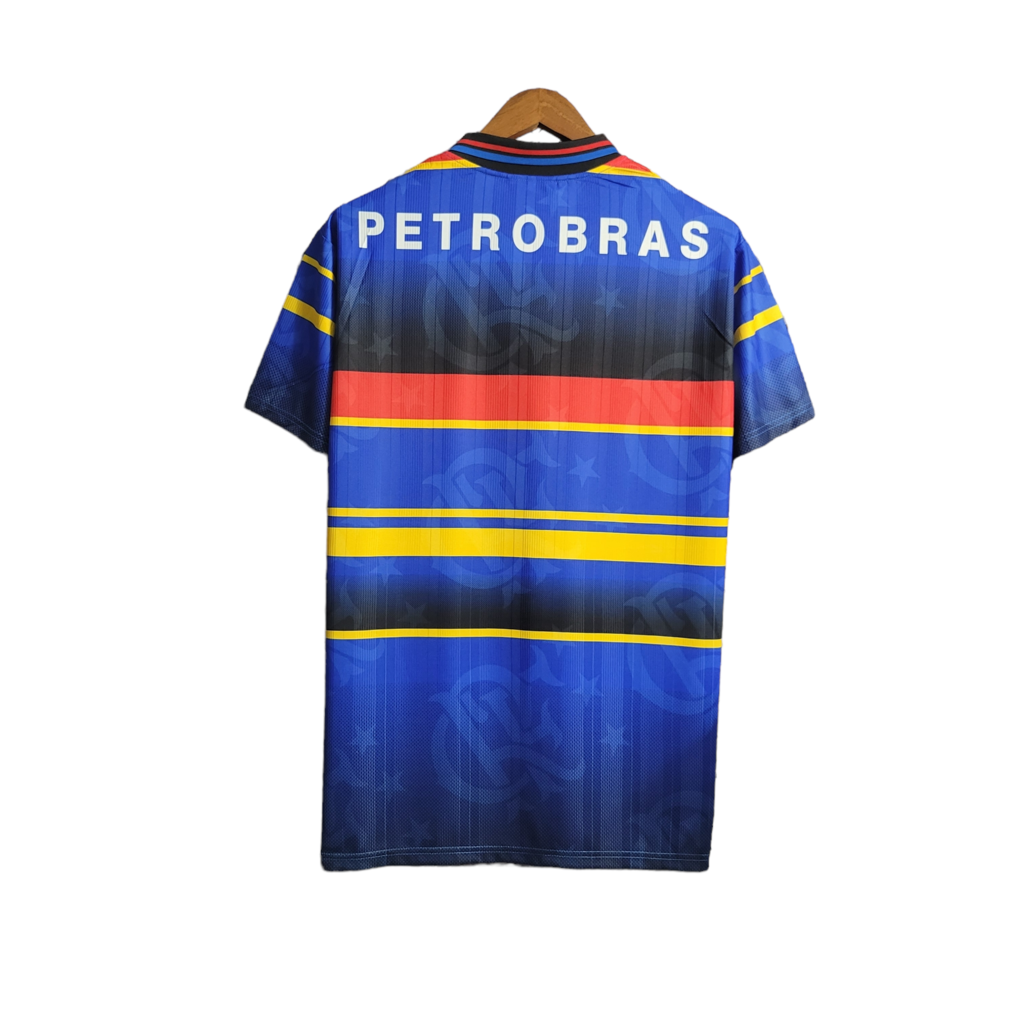 Camisa Flamengo II 1995 - Retrô Umbro - Azul com listras em amarelo preto e vermelho