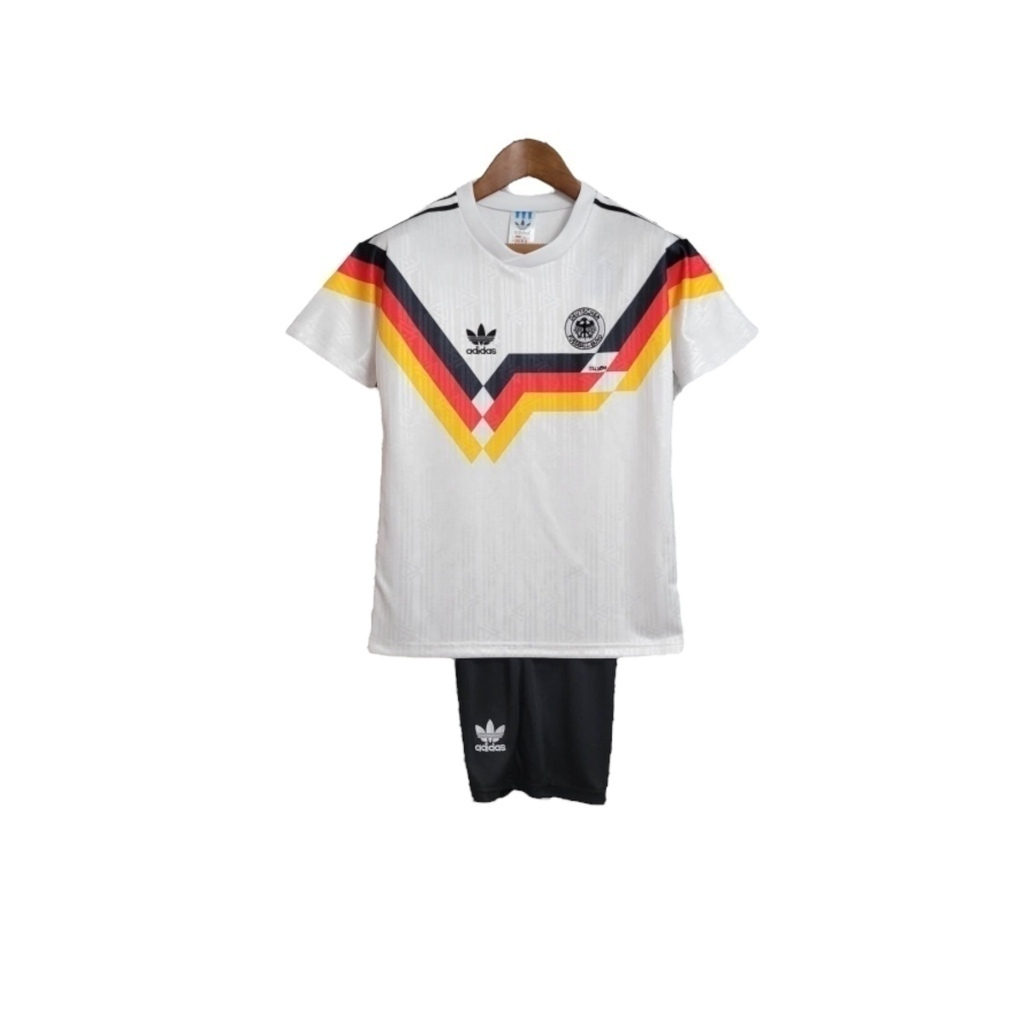 Conjunto Infantil Seleção da Alemanha I 1992 - Retrô Adidas - Branco com detalhes em preto e vermelho e amarelo