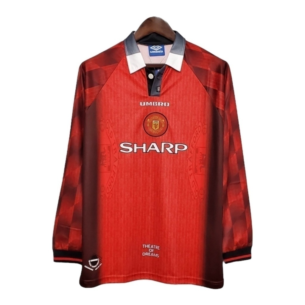 Camisa Manchester United I 1996 Manga Longa - Retrô Nike - Vermelha com detalhes em preto