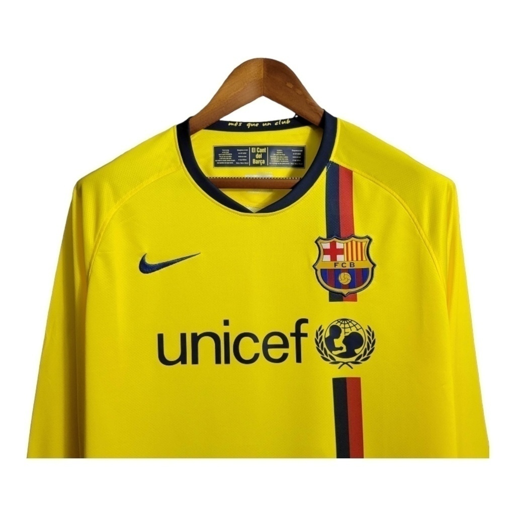 Camisa Barcelona II 2008/2009 Manga Longa - Retrô Nike - Amarela com detalhes em azul e vermelho
