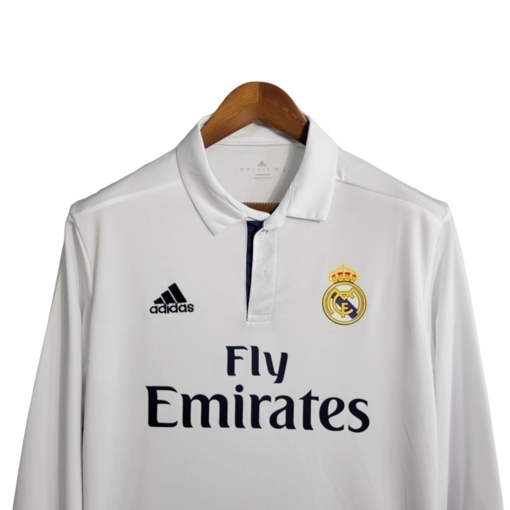 Camisa Real Madrid I 2016/2017 Manga Longa - Retrô Adidas - Branca com detalhes em azul