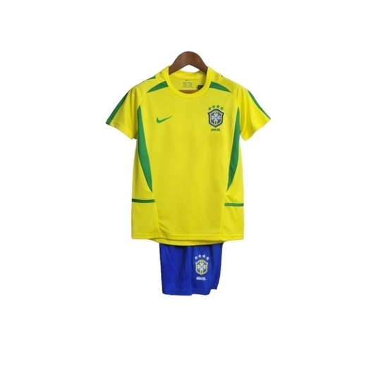 Conjunto Infantil Seleção Brasileira 2002 - Retrô Nike - Amarelo com detalhes em verde