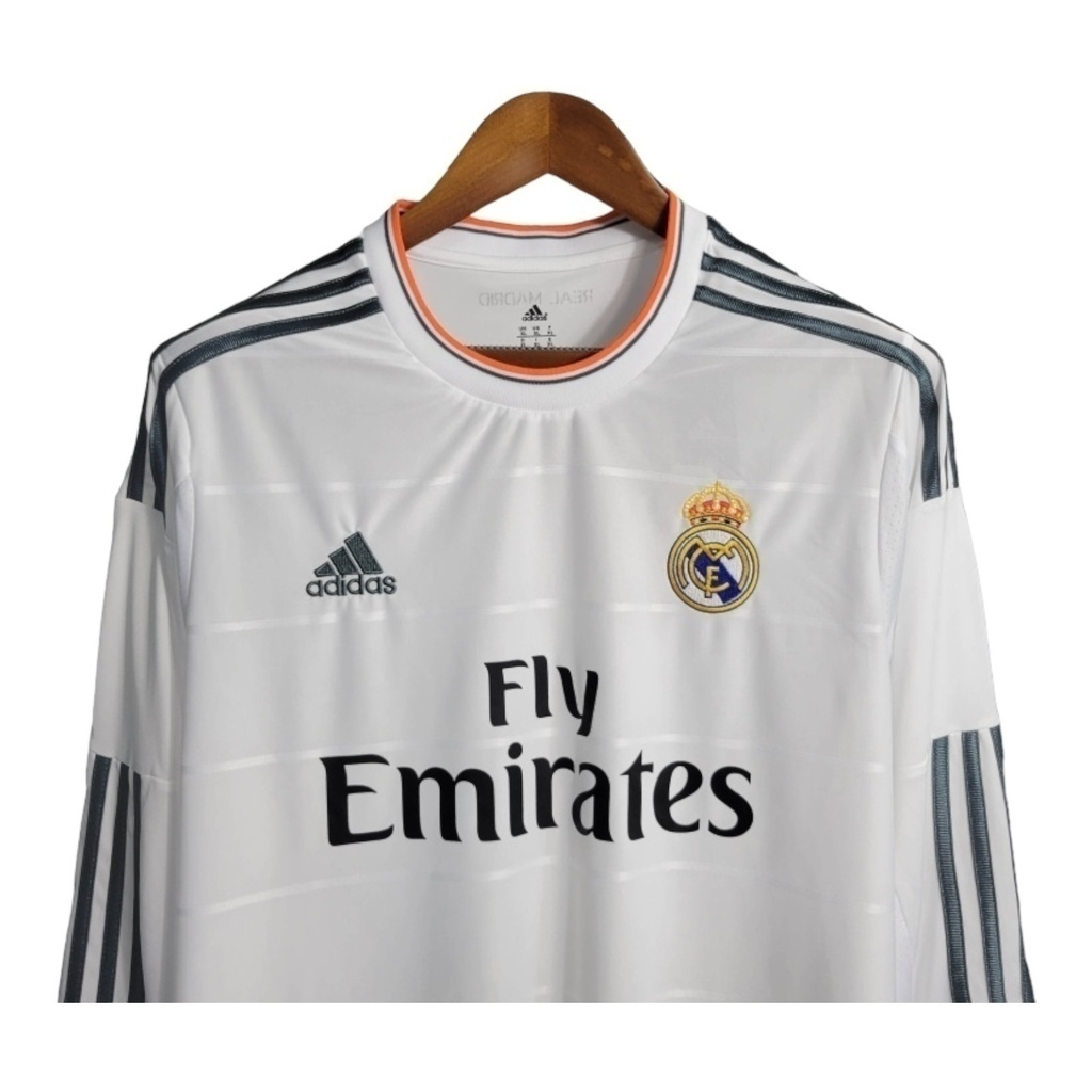 Camisa Real Madrid I 2013/2014 Manga Longa - Retrô Adidas - Branca com detalhes em cinza e laranja