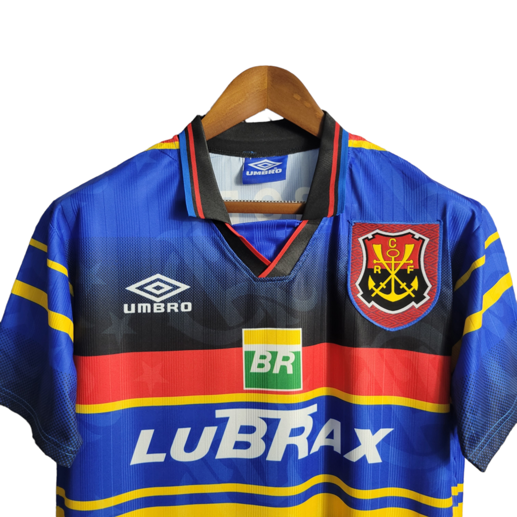 Camisa Flamengo II 1995 - Retrô Umbro - Azul com listras em amarelo preto e vermelho