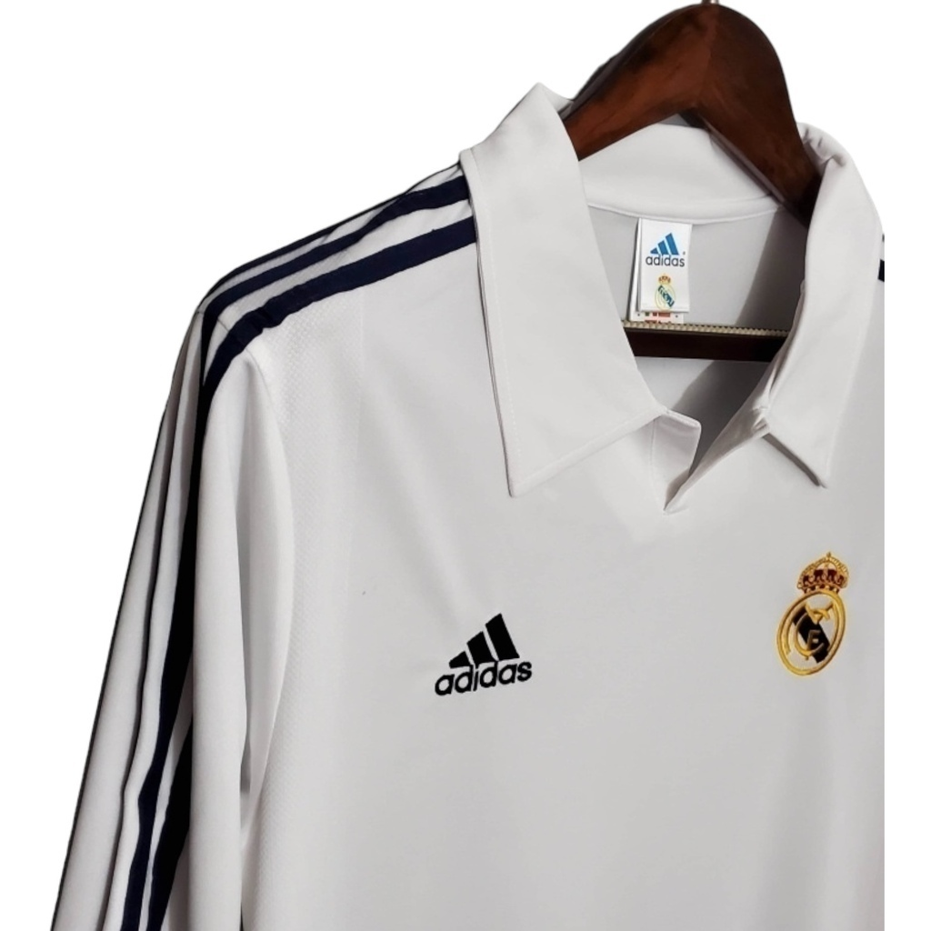 Camisa Real Madrid I 2002 Manga Longa - Retrô Adidas - Branca com listras pretas