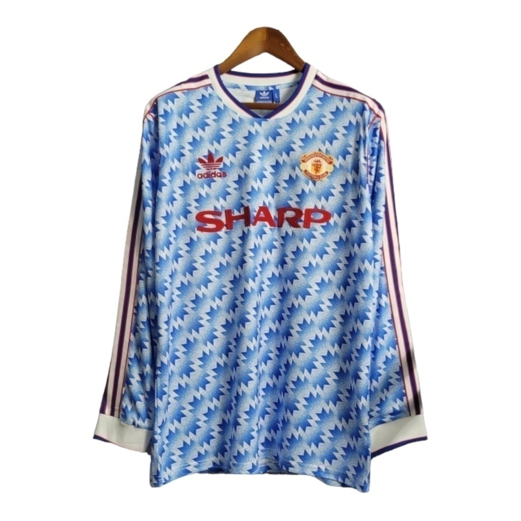 Camisa Manchester United II 1990/1992 Manga Longa - Retrô Adidas - Azul com detalhes em branco e vermelho