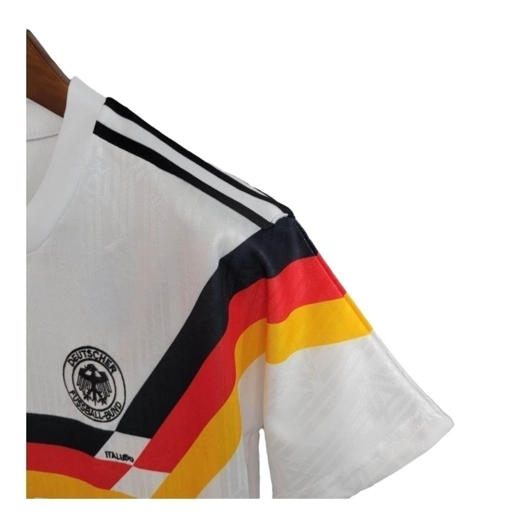 Conjunto Infantil Seleção da Alemanha I 1992 - Retrô Adidas - Branco com detalhes em preto e vermelho e amarelo
