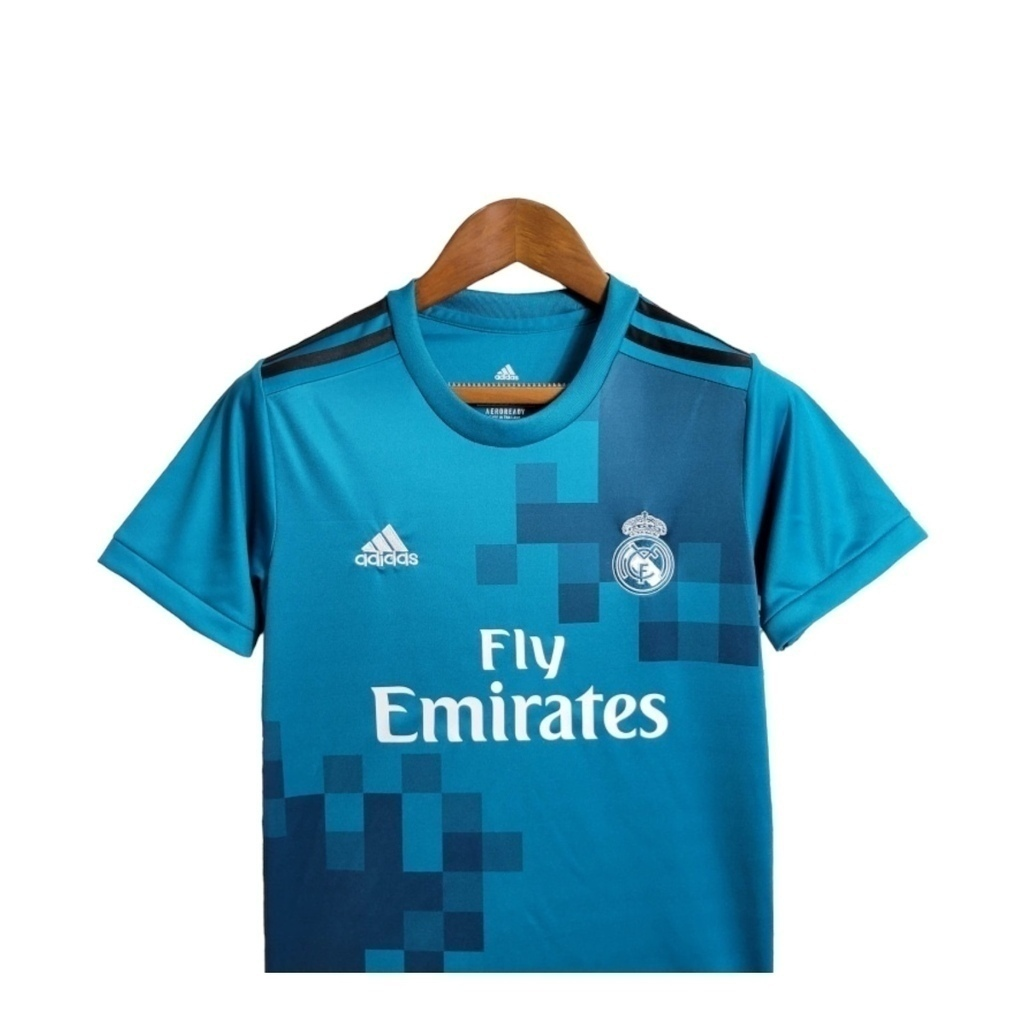 Conjunto Infantil Real Madrid II 2017/2018 - Retrô Adidas - Azul com detalhes em branco