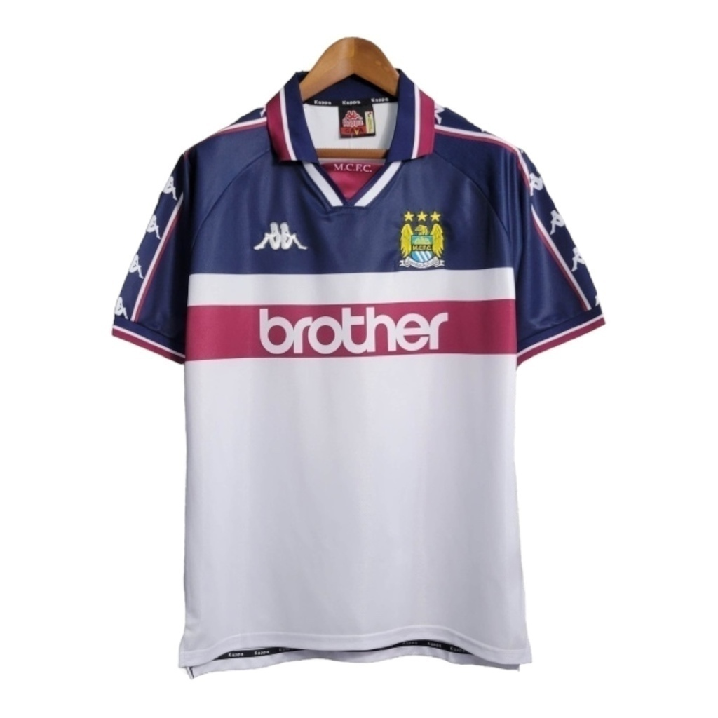 Camisa Manchester City II 1997/1998 - Retrô Kappa - Branca com detalhes em azul e vinho