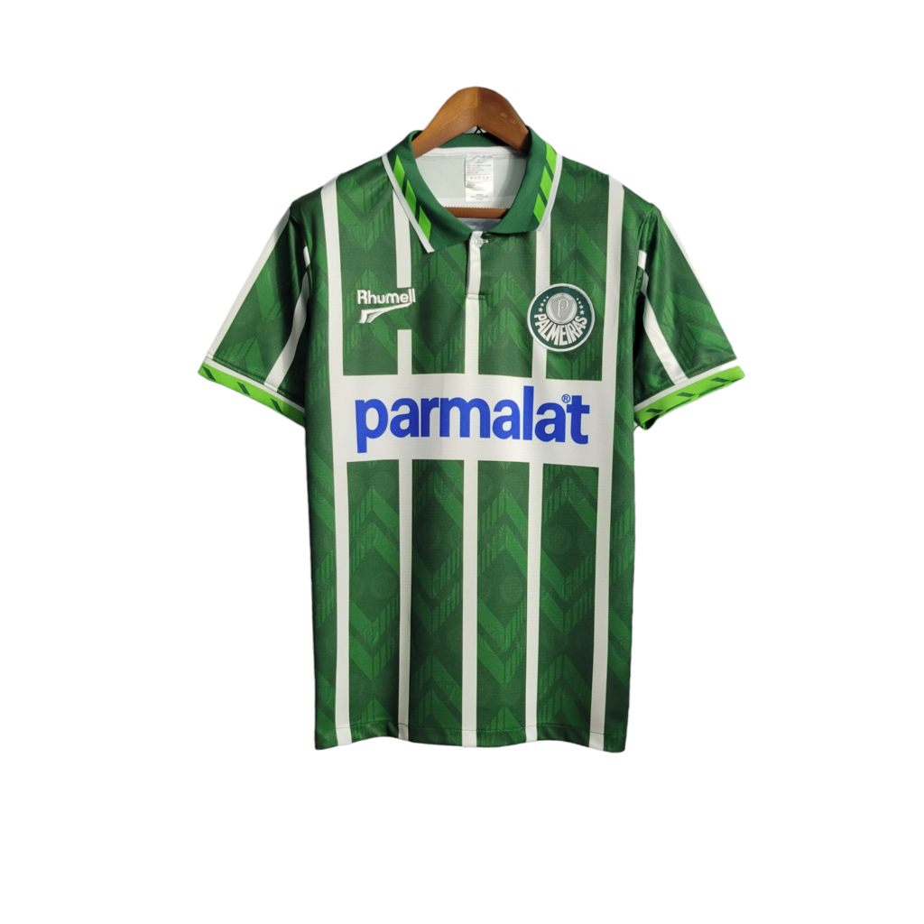 Camisa Palmeiras I 1996 - Retrô Rhumell - Verde com detalhes branco com patrocínio Parmalat