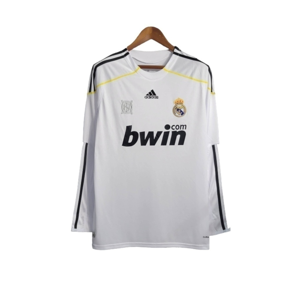 Camisa Real Madrid I 2009/2010 Manga Longa - Retrô Adidas - Branca com detalhes em preto e amarelo