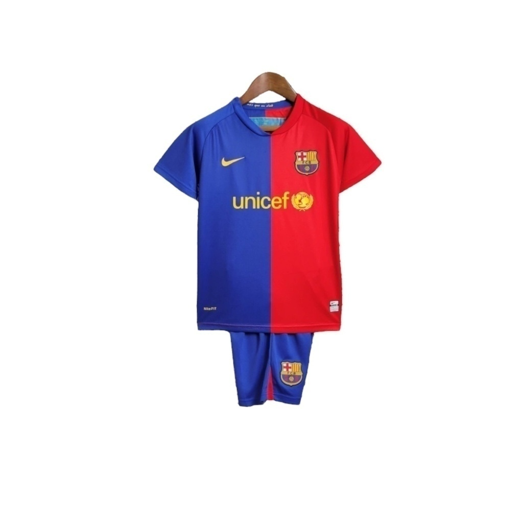 Conjunto Infantil Barcelona I 2008/2009 - Retrô Nike - Azul e vermelho com detalhes em amarelo