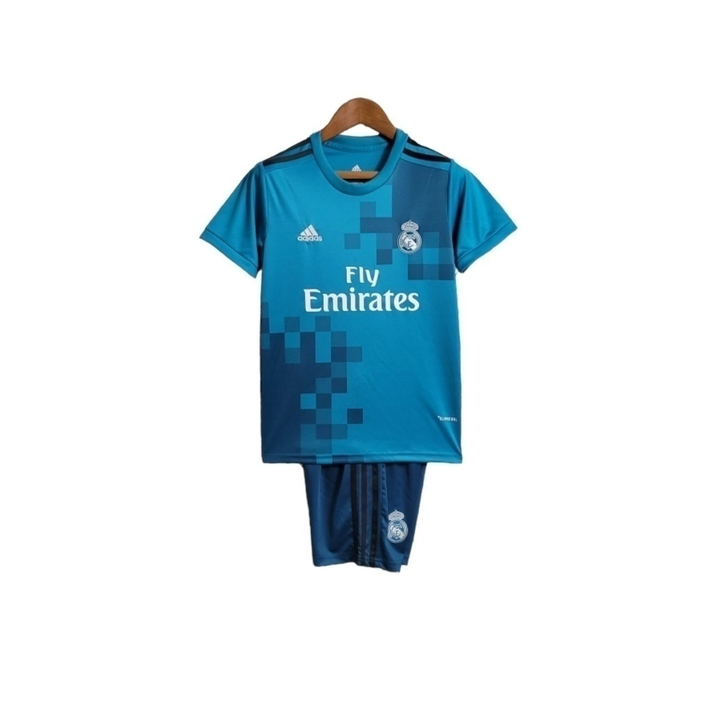 Conjunto Infantil Real Madrid II 2017/2018 - Retrô Adidas - Azul com detalhes em branco