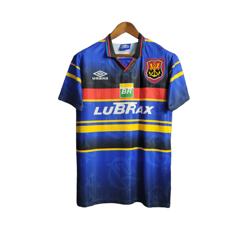 Camisa Flamengo II 1995 - Retrô Umbro - Azul com listras em amarelo preto e vermelho