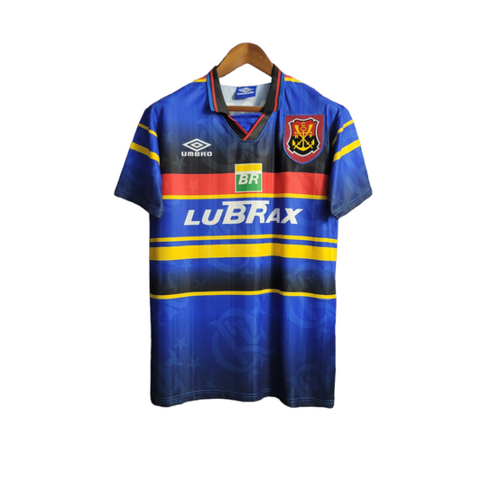 Camisa Flamengo II 1995 - Retrô Umbro - Azul com listras em amarelo preto e vermelho