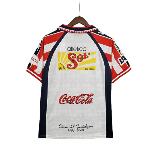 Camisa Chivas Guadalajara 1999/2000 - Retrô Atlética - Branca com detalhes em vermelho e azul com todos os patrocínios