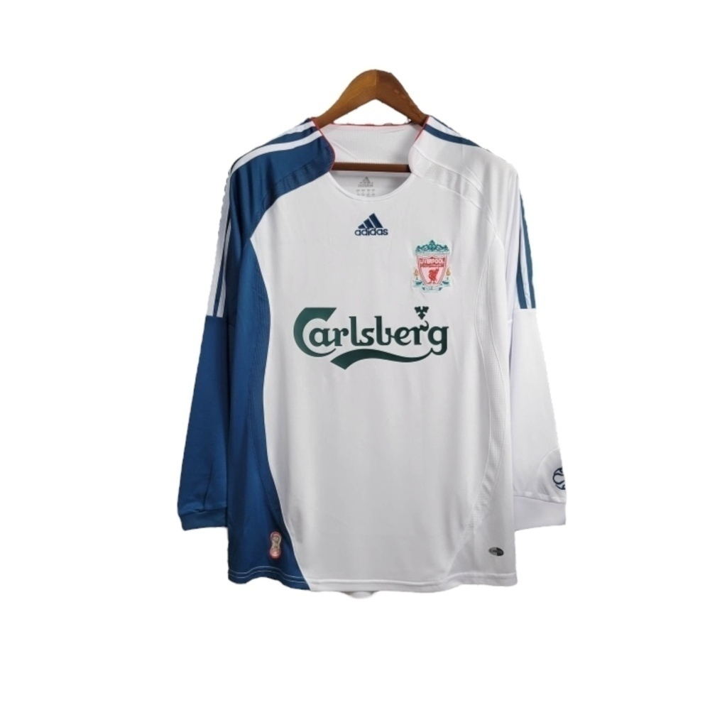 Camisa Liverpool II 2006/2007 Manga Longa - Retrô Adidas - Branca com detalhes em azul e com patrocínio