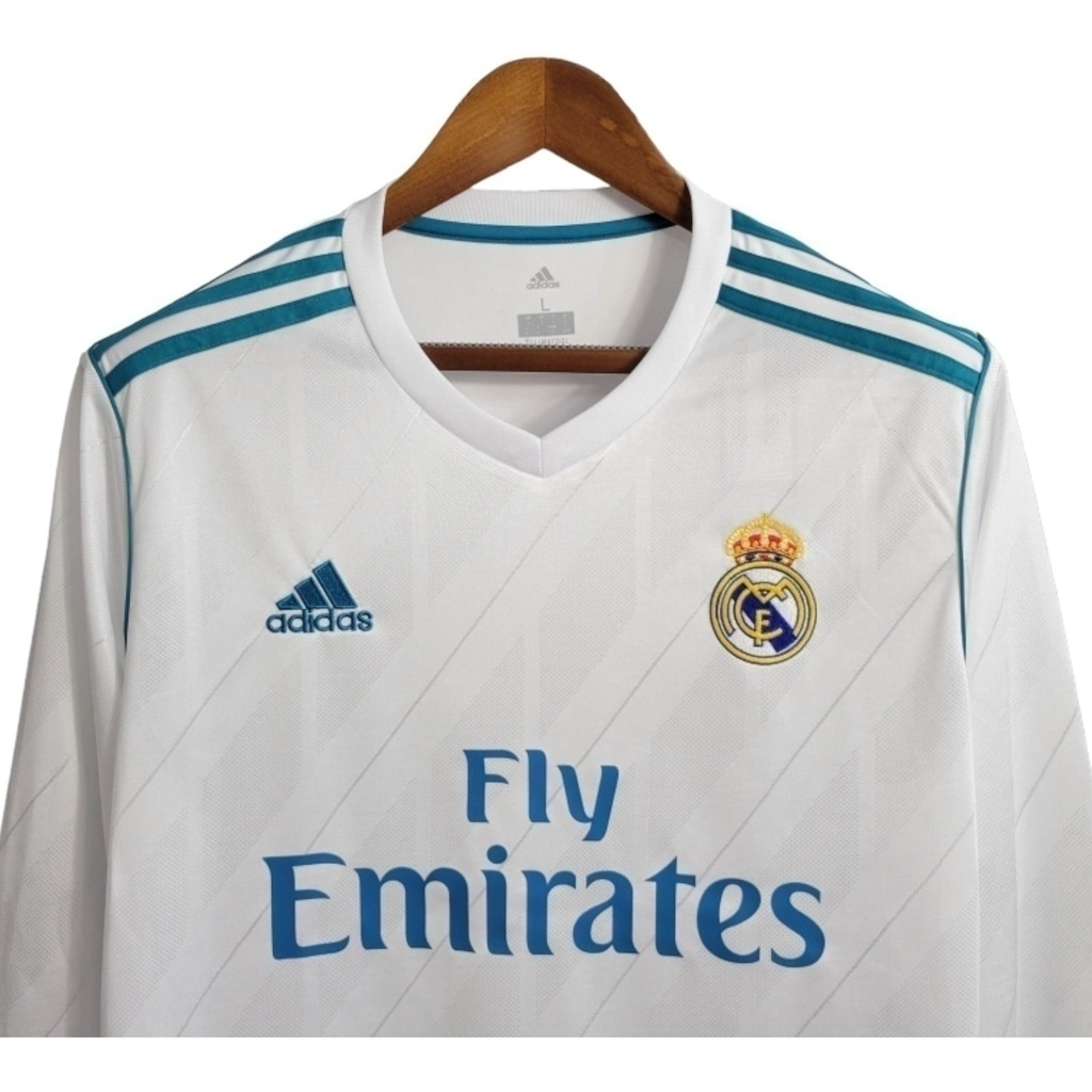 Camisa Real Madrid I 2017/2018 Manga Longa - Retrô Adidas - Branca com detalhes em azul