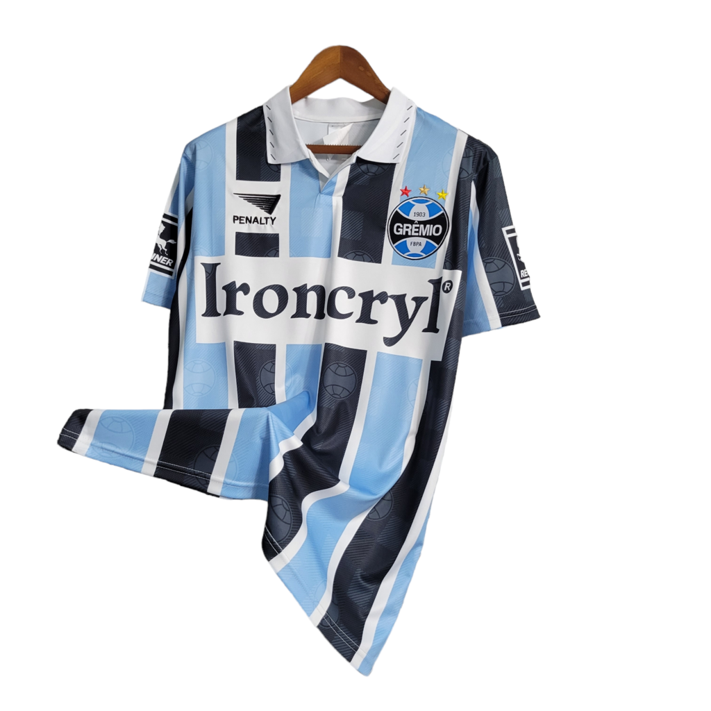 Camisa Grêmio I 1997/1998 - Retrô Penalty - Azul e preta com patrocínio Ironcryl