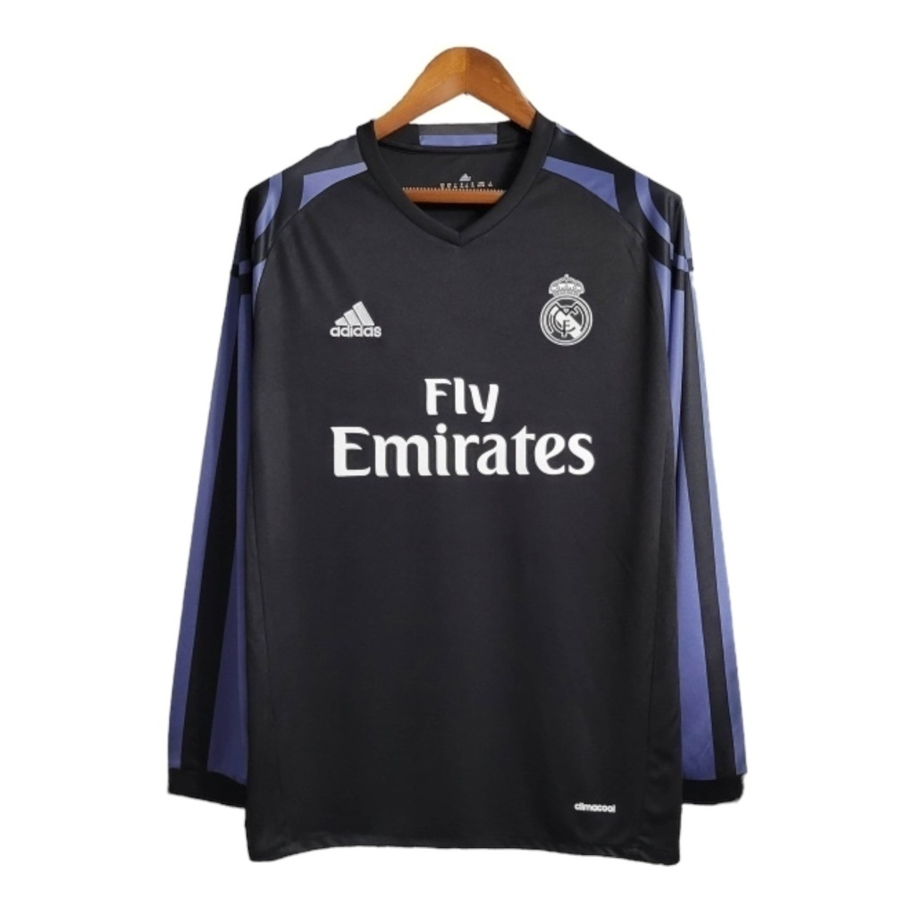 Camisa Real Madrid II 2016/2017 Manga Longa - Retrô Adidas - Preta com detalhes em roxo