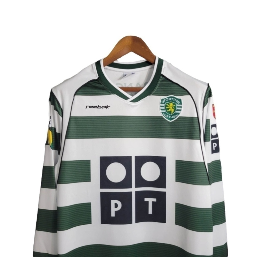 Camisa Sporting Lisboa I 2001/2003 Manga Longa - Retrô Reebok - Branca com detalhes em verde