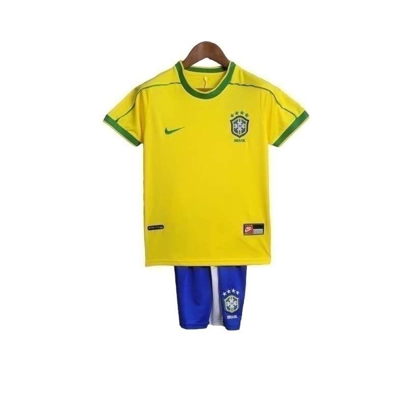 Conjunto Infantil Seleção Brasileira I 1998 - Retrô Nike - Amarelo com detalhes em verde