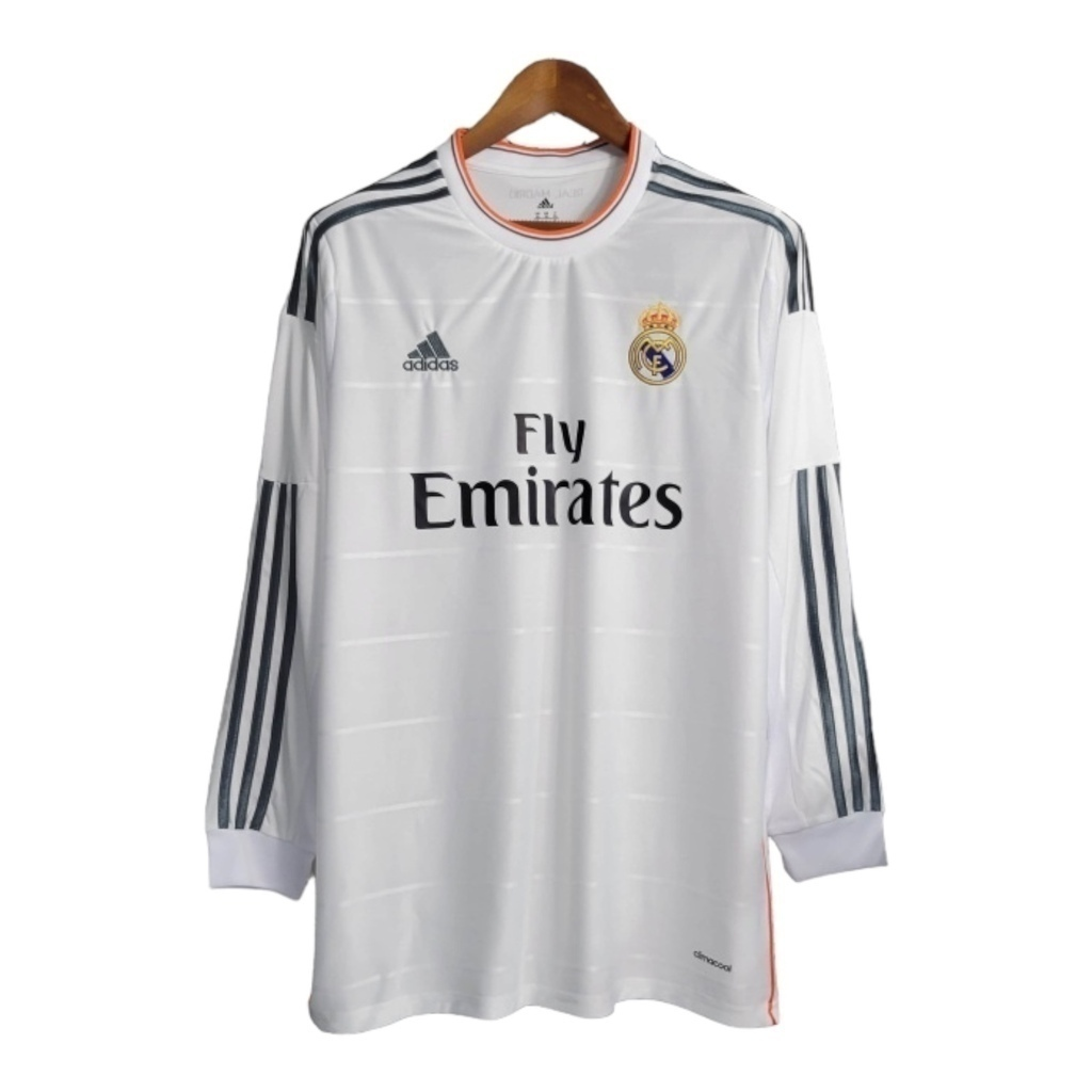 Camisa Real Madrid I 2013/2014 Manga Longa - Retrô Adidas - Branca com detalhes em cinza e laranja