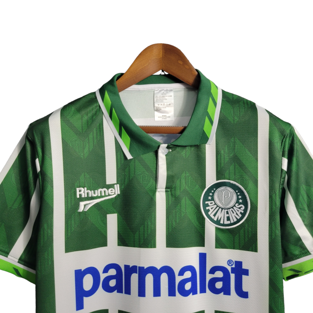 Camisa Palmeiras I 1996 - Retrô Rhumell - Verde com detalhes branco com patrocínio Parmalat