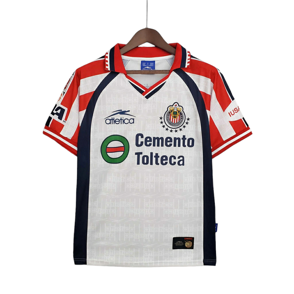 Camisa Chivas Guadalajara 1999/2000 - Retrô Atlética - Branca com detalhes em vermelho e azul com todos os patrocínios